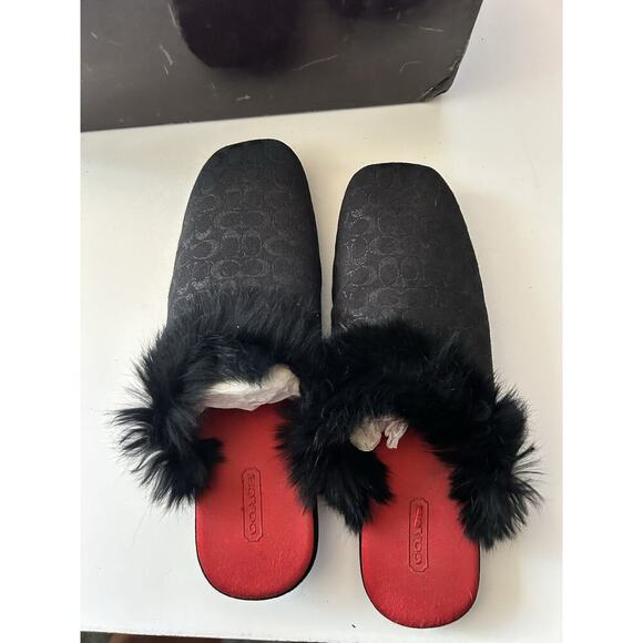 Auth Coach Signature Black Rabbit Fur Slippers Slides Sz 8 - Picture 7 of 10